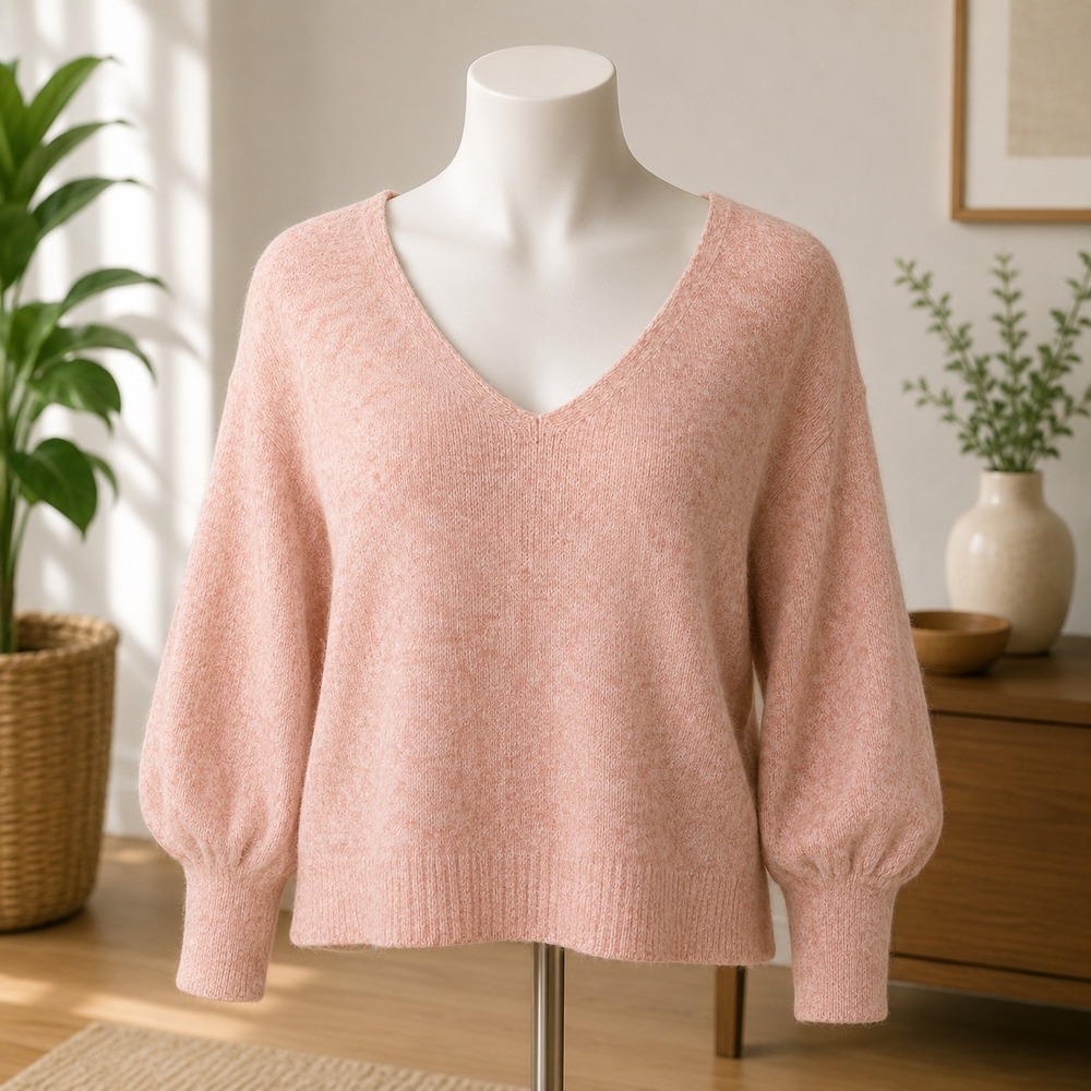 BP V-Neck Sweater Womens Small Peach‎ Marl Balloon Sleeve Knit Pullover